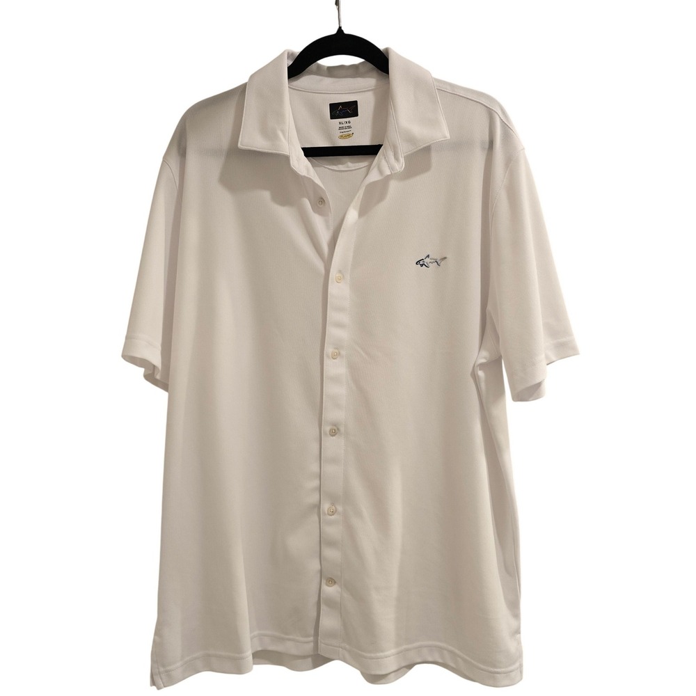 Greg Norman Play Dry Mens XL White Button Down Short Sleeve Golf Polo Shirt Logo